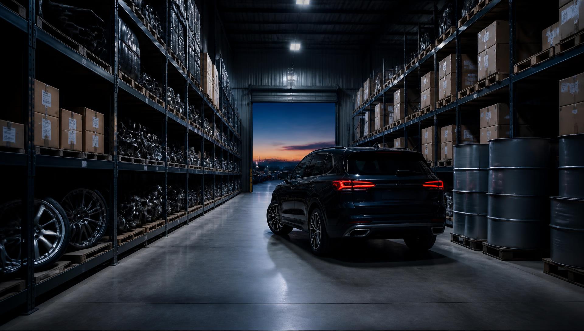 Automotive and industrial supply warehouse at dusk